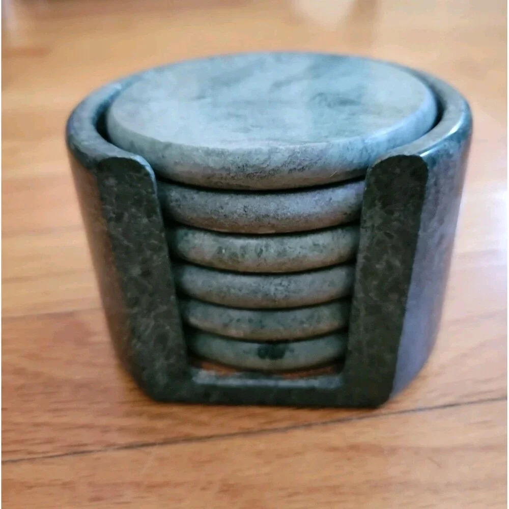 Vtg  Studio Nova Pier 1 Green Jade Marble Coasters & Holder Set of 6 3.2 Pounds